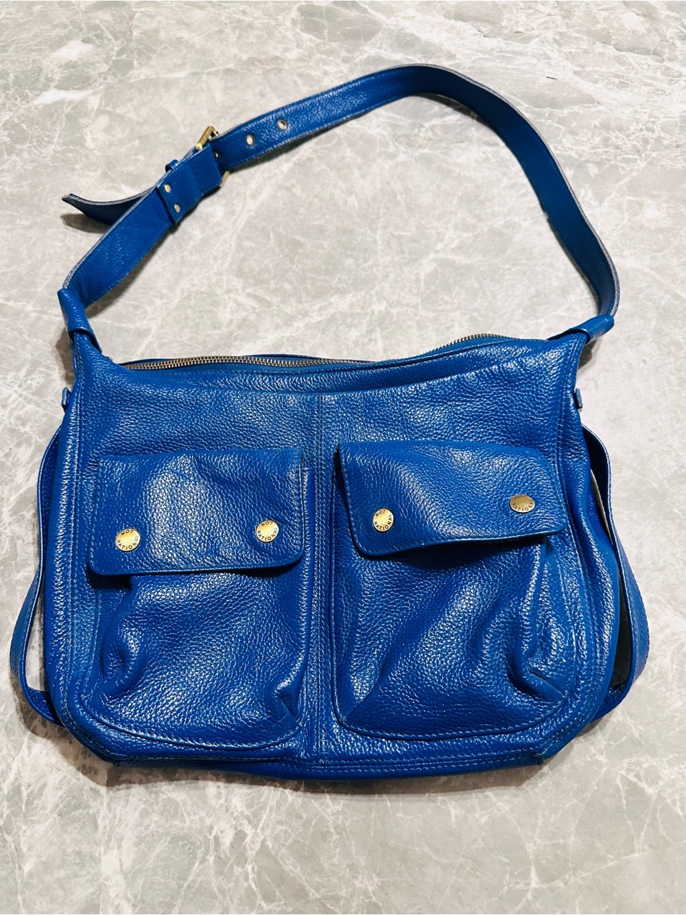 Not Rational Royal Blue Pebbled Leather Shoulder Bag with Front Pockets